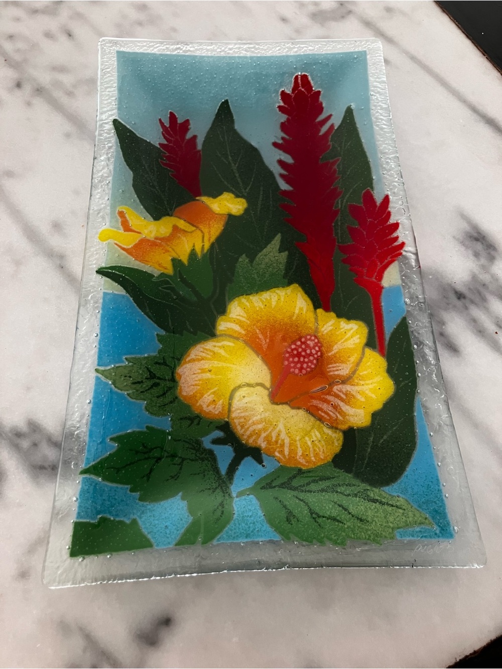 SIGNED yellow hibiscus red ginger fused Glass serving tray Art